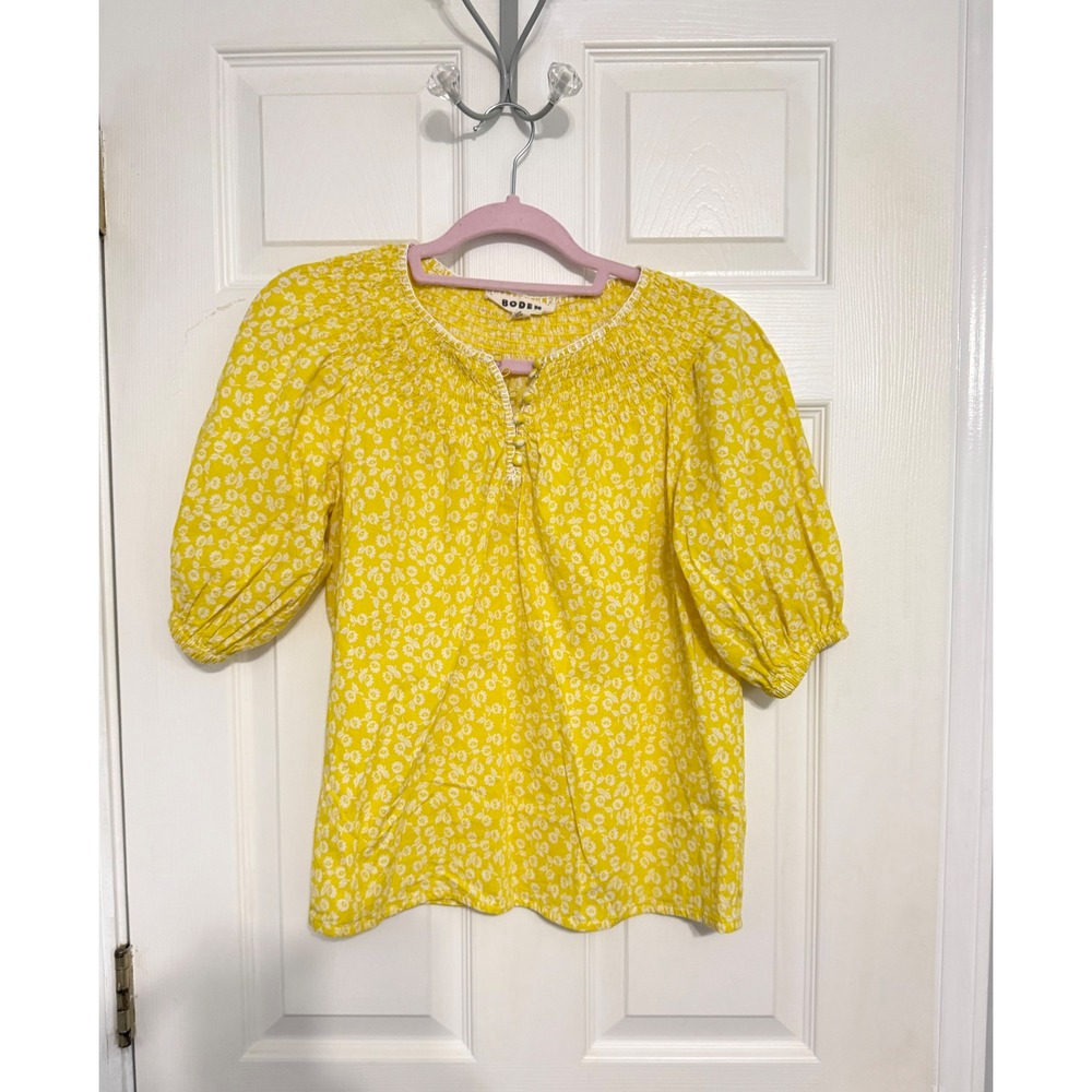 Boden Yellow Floral Smocked Puff Sleeve Cotton Blouse Women's US 6 Cottagecore